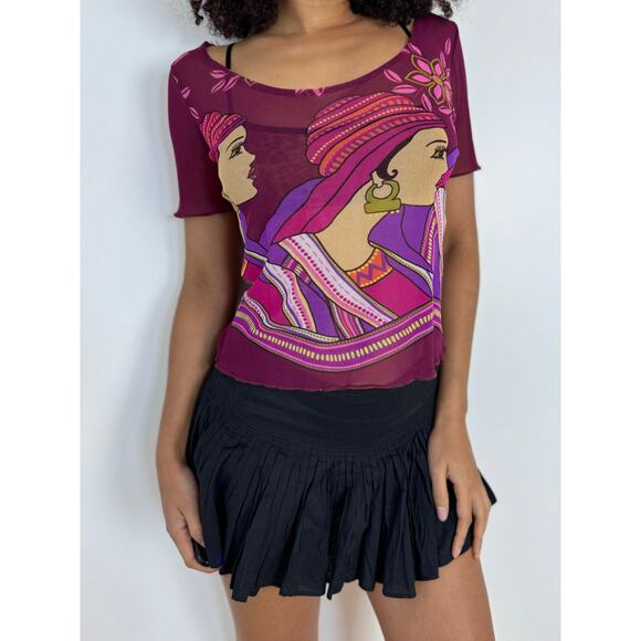 Vintage 00s Woman Graphic Mesh Short Sleeve Tee (S/M) indie gaultier - Picture 9 of 10